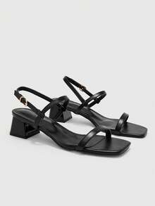 CUCCOO BIZCHIC Women's Fashion Spring And Summer New Square Top PU Surface Strap. Foot Strap. Back Strap Sandals. Medium High Heel Painted Coarse Heel Roma - Black - View 1