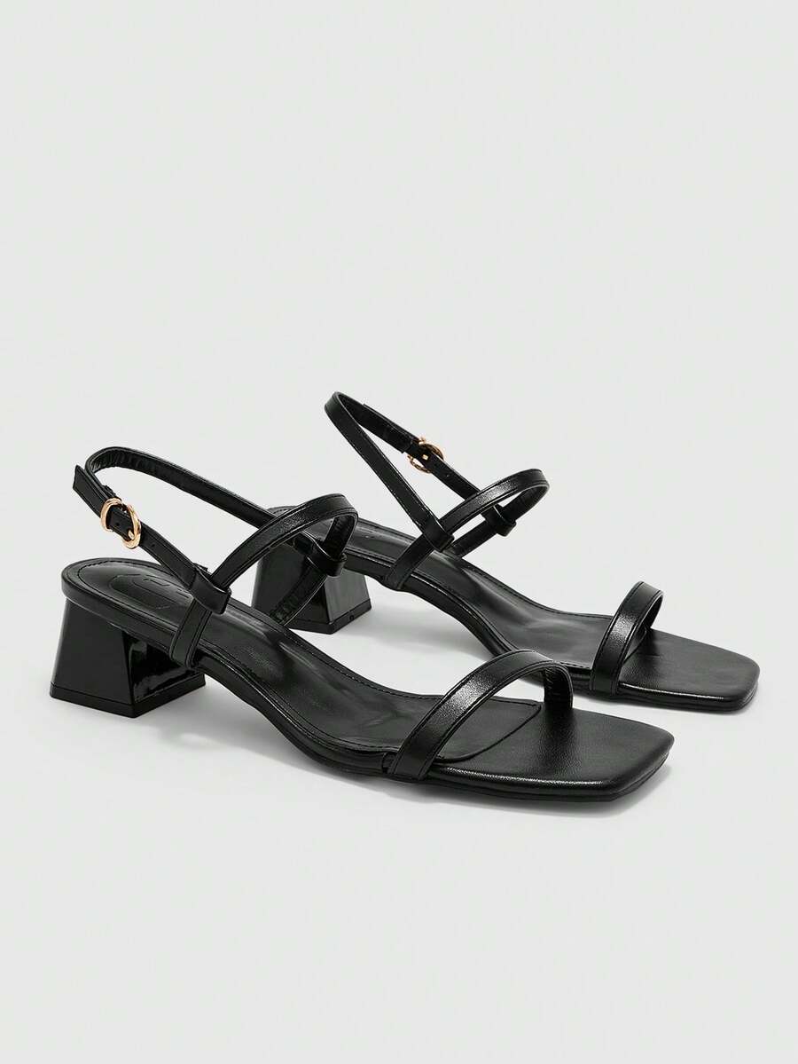 CUCCOO BIZCHIC Women's Fashion Spring And Summer New Square Top PU Surface Strap. Foot Strap. Back Strap Sandals. Medium High Heel Painted Coarse Heel Roma - Black - View 1