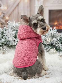 PETSIN 1pc Plush Peach-Red Pet Lamb Wool Hooded Jacket - Hot Pink - View 1