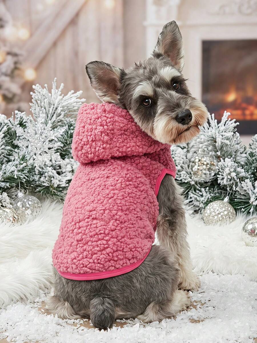 PETSIN 1pc Plush Peach-Red Pet Lamb Wool Hooded Jacket - Hot Pink - View 1