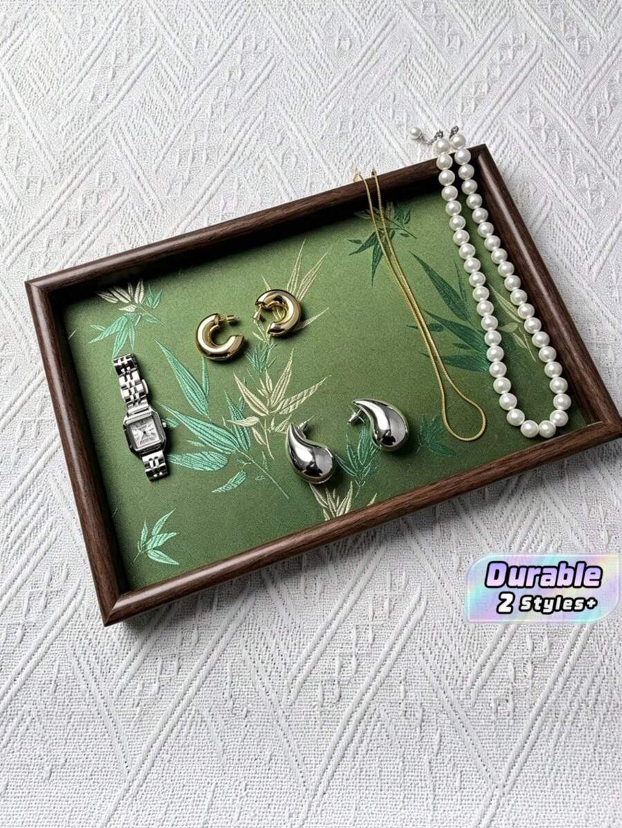 1pc Rectangular Wooden Jewelry Display Tray, 2 Styles Woven PU / Bamboo Pattern Liner Desktop Storage Tray For Rings Earrings Necklaces, Vanity Decor Organizer - Multicolor - View 1