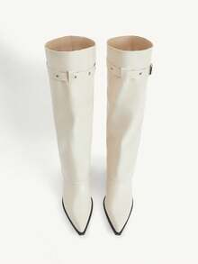 CUCCOO CHICEST Autumn And Winter New Western Style Pointed Metal Buckle Boots, High Boots Thick Heel Thin Wide Leg Knight Boots - Beige - View 3