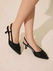 CUCCOO BASICS French Flower Hollow Woven Rear Hollow Sandals Women's Pointed Back Strap Stiletto Shoes Fall Shoes - Black - View 2