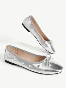CUCCOO CHICEST Bow Love Buckle Design Round Toe Flat Bottom Elegant Commuter Ballet Silver PU Leather Women Flat Shoes Dating Vacation - Silver - View 4
