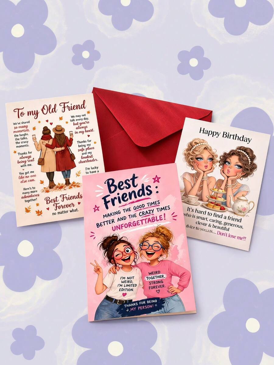 Joivida 1Pc Funny Humorous Friendship Birthday Greeting Card With Matching Envelope, Cute Playful Retro Girl Illustration Colorful Lettering Card, Sweet Friendship Anniversary Gift Card, 3 Styles Optional For Best Friend, Bestie, Sister & Close Friend - Multicolor - View 1