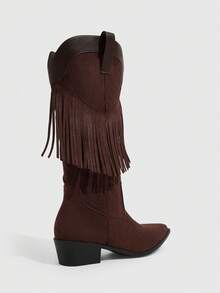 Daringsoles Women's Retro Western Style Pointed Thick Heel Fringed Medium Boots, Imitation Suede Splicing Boots, Suitable For Autumn And Winter Travel In A Daily Fall Boots - Coffee Brown - View 3