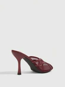 CUCCOO SZL Women's Open-Toed High-Heeled Mules, Mesh Cross-Lace, Slip-On Party Sandals - Burgundy - View 5