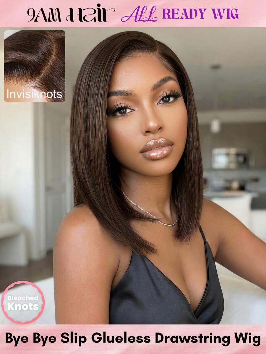 ALL READY WIG Bye-Bye Slip 7x5 Lace Closure Glueless 100% Human Hair Transparent Lace Dark Chocolate Brown Side Part Yaki Straight Bob Wig With Invisi Drawstring Pre-Bleached Knots Breathable Cap Glueless Parting Flexibility Beginner Friendly - S4 - View 1