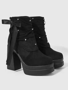 ROMWE Women's Fashion High-Heeled Short Boots, Gothic Dark Wind Rear Zipper Rivet Inlaid Bow Decorative Short Boots, Classic Sexy Nightclubs, Parties, Festi - Black - View 2