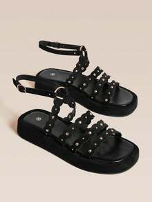 HighSole Wave Lace Rivet Decoration Thick Sole Sweet Cool Retro Comfortable Rear Empty Sandals Dating Daily Wear - Black - View 3