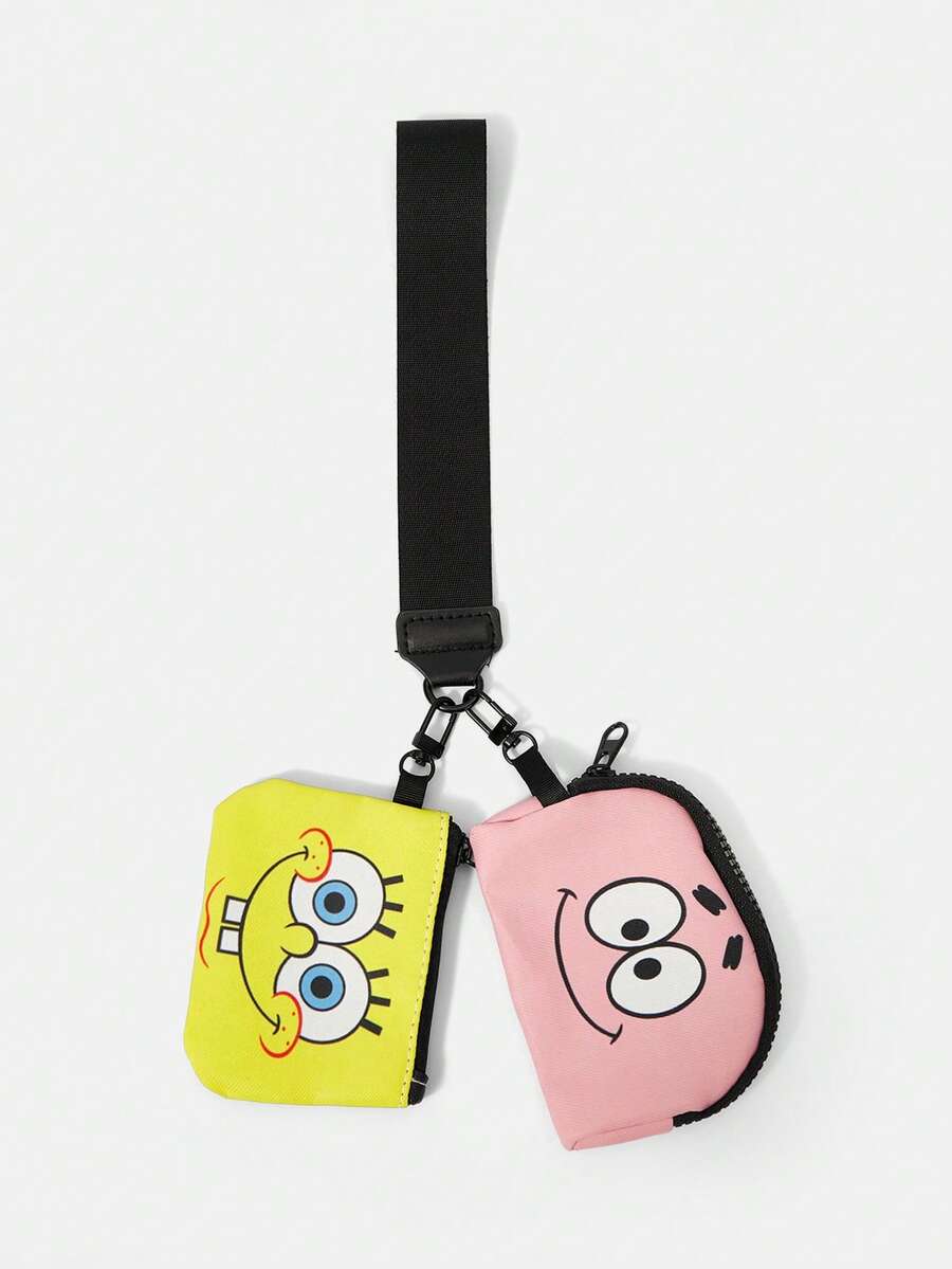 SpongeBob SquarePants | SHEIN 可愛卡通印花雙入組零錢包,輕量手腕包收納袋,適用耳機收納、零錢整理與便攜攜帶 - 海綿 - 查看 1