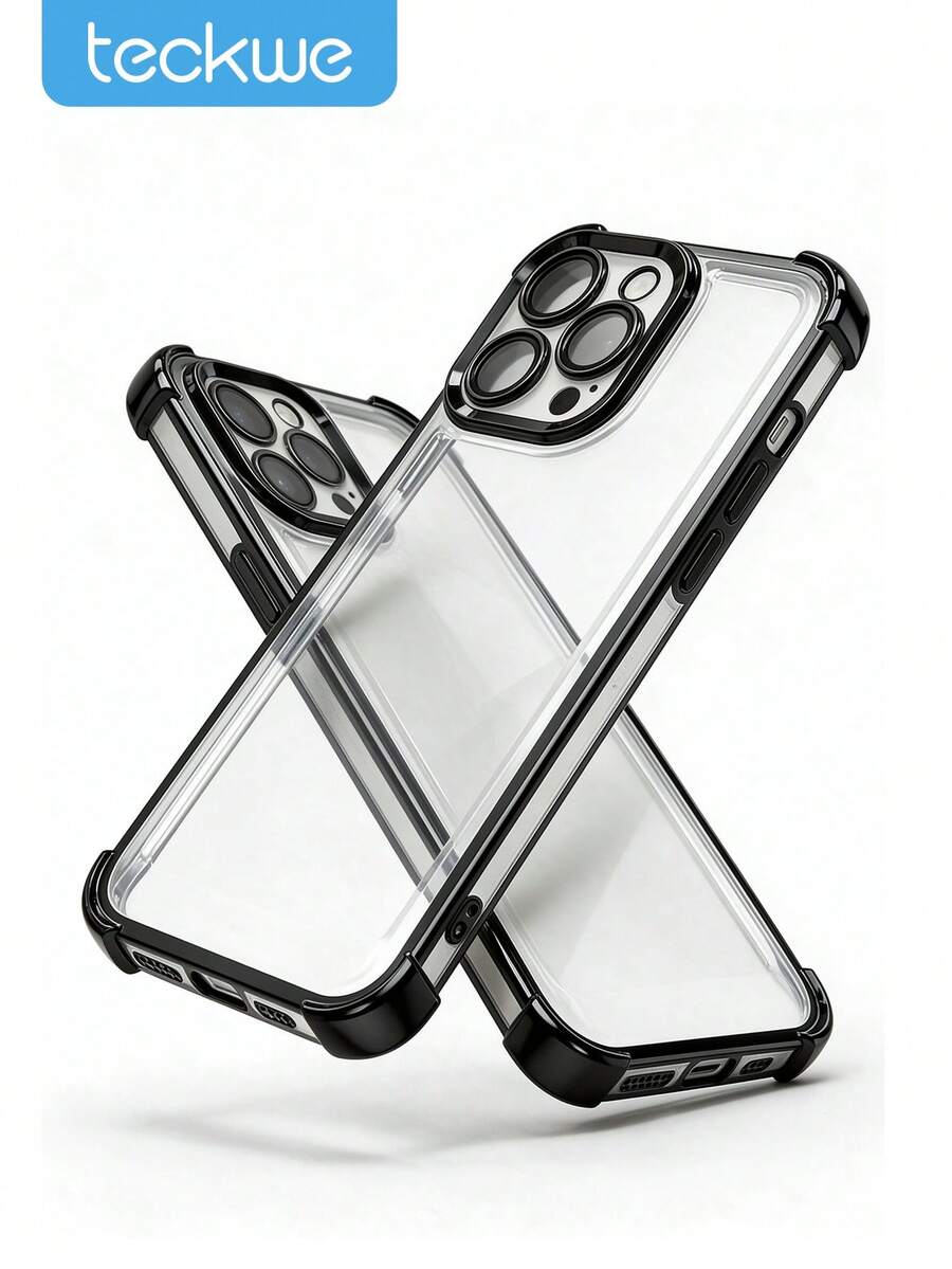 Teckwe Phone Case: Luxurious Four-Corner Anti-Fall Shockproof Electroplated Transparent Phone Case, Compatible With IPhone 18/17/16/15/14/13/12/11 Pro Max Plus Air, Transparent Anti-Drop Design, Suitable For 17Pro And 17ProMax, Soft Frame, Minimalist Style, Protects The Phone - Black - View 1