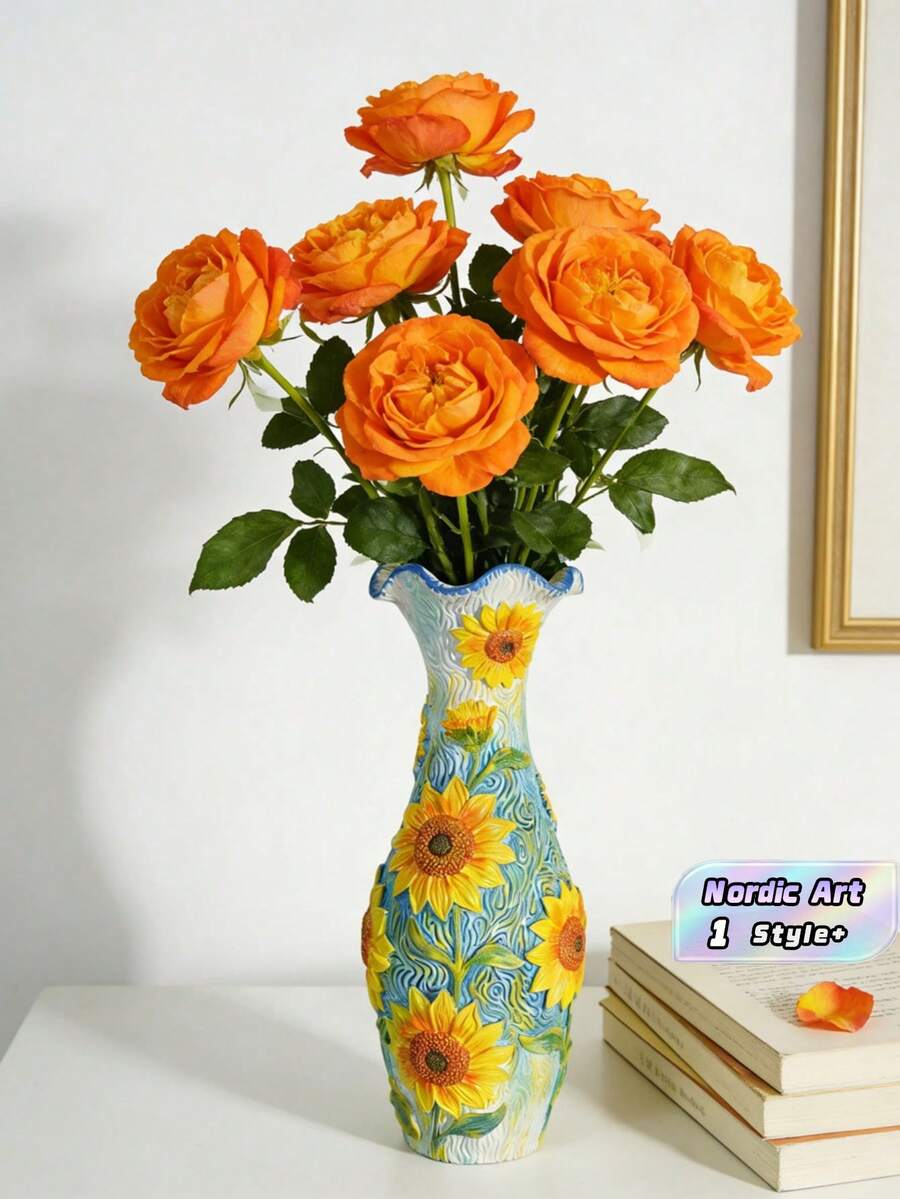 1PC Resin Sunflower Relief Vase Nordic Art Style Home Decor Flower Vase Tabletop Centerpiece For Living Room Entryway Wedding Party Gift - A - View 1