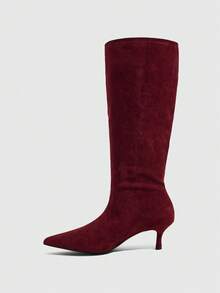 Daringsoles 女款尖頭小貓跟膝高靴，秋冬新款細筒低跟靴，百搭款 - 啞光酒紅 - 查看 4