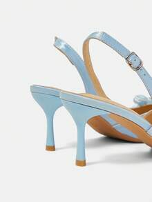CUCCOO HITCHD Ladies Gentle Light Blue Satin Pointed Back Empty Shoes, Three-Dimensional Pleated Flower Pearl Decoration, Slingbacks - Light blue - View 5