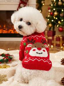 PETSIN 1 PC Christmas Pet Knitted Reindeer Pattern Sweater For Winter,Suitable For Cats And Small To Medium-Sized Dogs - Red - View 3