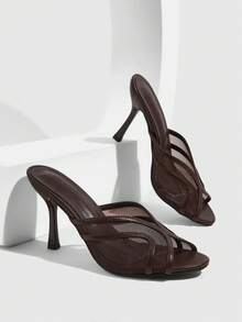 CUCCOO SZL Giày mules cao gót hở mũi nữ, lưới đan chéo, sandal tiệc xỏ chân - Cà phê nâu - Xem 1