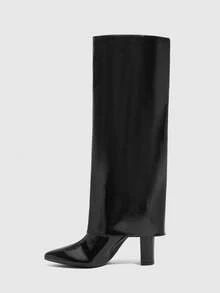 CUCCOO SZL Outdoor Women Pointed Thick Heel PU Light Fabric Fashion Simple Party Banquet Side Zipper Boots - Black - View 4