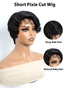 Pixie Cut Lace Wigs Human Hair Brown Short Finger Wave Pixie Wigs With Side Lace Part Glueless Short Wavy Wigs Wear & Go - 1B - View 5