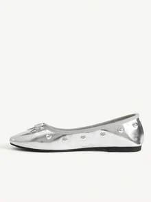 CUCCOO CHICEST Bow Love Buckle Design Round Toe Flat Bottom Elegant Commuter Ballet Silver PU Leather Women Flat Shoes Dating Vacation - Silver - View 6