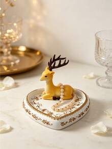 1PC Resin Heart Shaped Yellow Reindeer Golden Embossed Jewelry Storage Tray Organizer Box For Earring Ring Necklace Bedroom Vanity Dresser Desktop Elegant Home Decor Gift Ornament - Multicolor - View 10