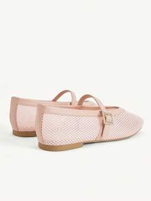 CUCCOO CHICEST Metal Buckle With Square Toe Flat Bottom Mesh Yarn Breathable Solid Color PU Splicing Mary Jane Shoes Women's Daily Commuting Shoes - Pink - View 5
