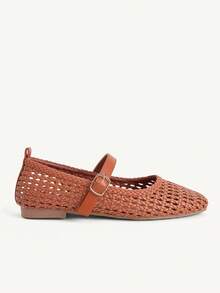 CUCCOO CHICEST Hollow Woven Buckle Square Top Flat Bottom Low Heel Retro Brown PU Mary Jane Shoes Commuter Vacation Daily - Brown - View 3