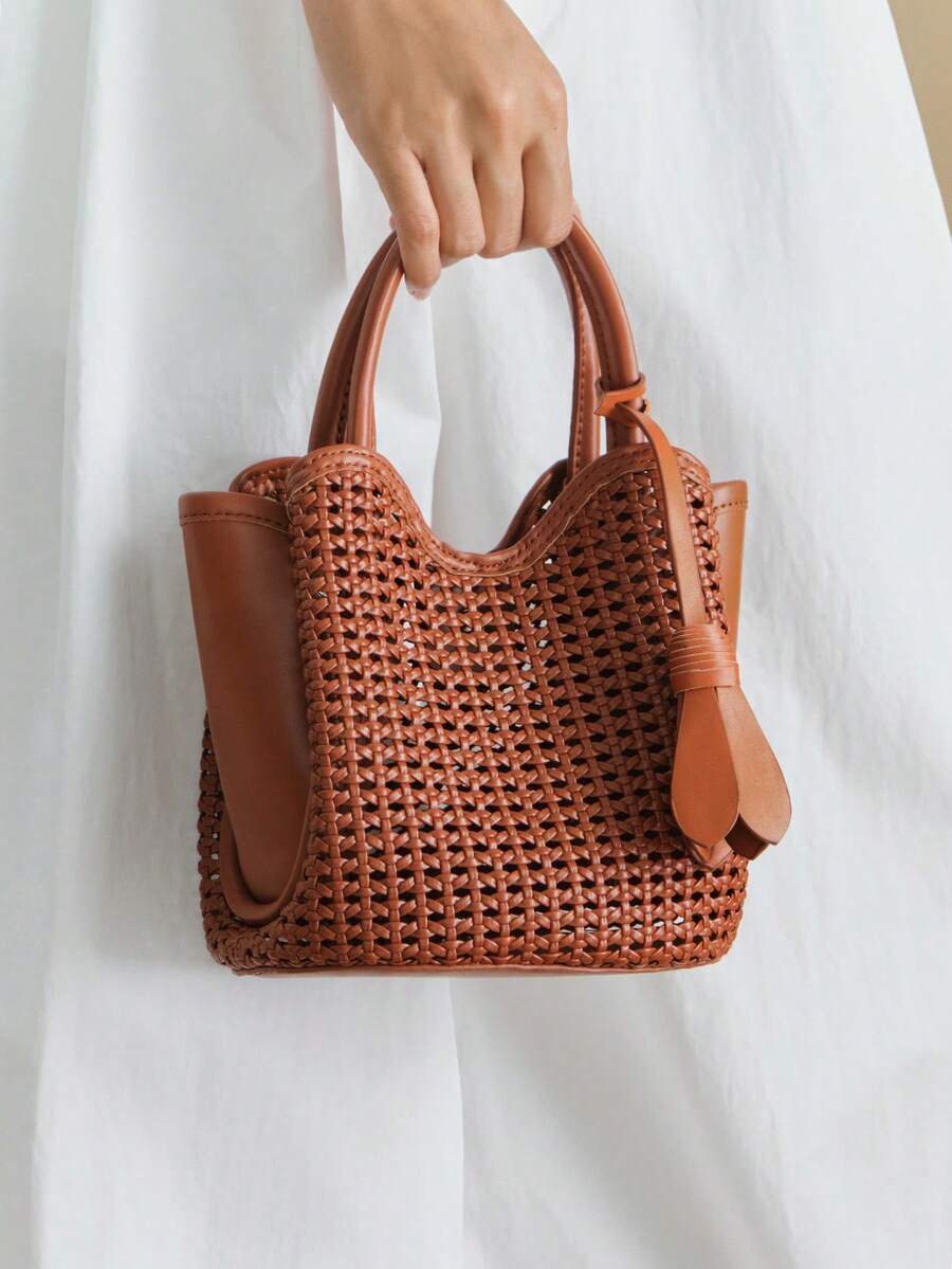Wovira Ladies Handbag, Woven, Hollowed Out, Vacation Old Money Style, Simple Urban Fashion Vegetable Basket Bag, Suitable For Daily Commuting, Shopping, - Brown - View 1