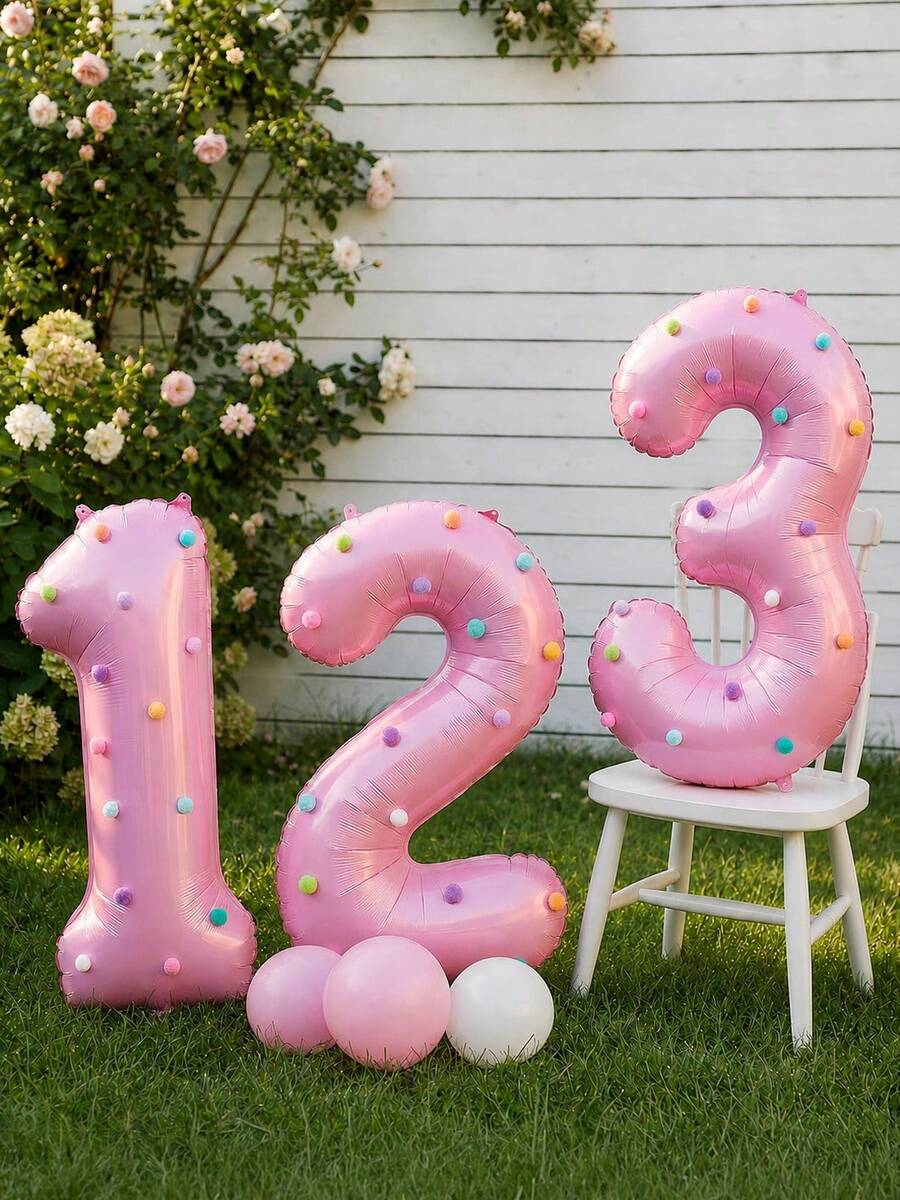 MINKOJA 1Set Pink 32-Inch Number Foil Balloon DIY Kit With Pom-Poms For Birthday Party, BabyShower Decor, Photo Props, Party Supplies - View 1