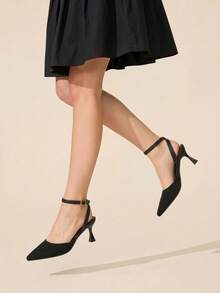 CUCCOO BASICS Fashion Black Knitted Fabric Ankle Strap Pointed Stiletto Women's Shoes Comfortable Commuting Office Vacation Go Out Essential Women Fall Shoes - Black 1 - View 7