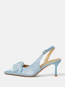 CUCCOO HITCHD Ladies Gentle Light Blue Satin Pointed Back Empty Shoes, Three-Dimensional Pleated Flower Pearl Decoration, Slingbacks - Light blue - View 2