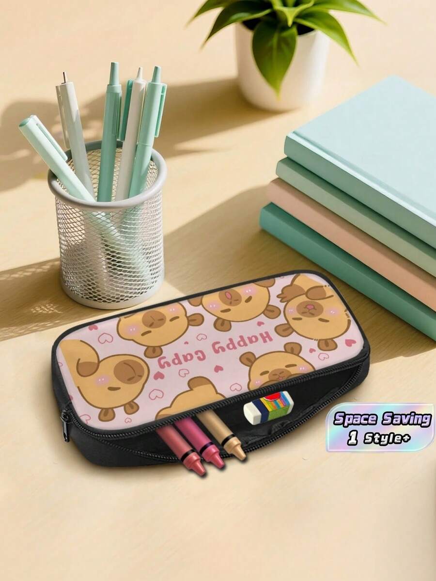 1PC 600D Polyester Large Capacity Pencil Case Cute Capybara Heart Pattern Print Zipper Closure Stationery Storage Pouch Multi‑Functional Pen Bag For Student Office Travel Daily Use - Multicolor - View 1