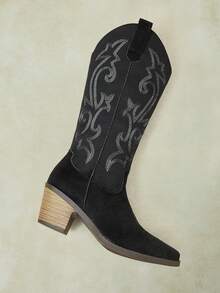 Styleloop Women's Shoes Embroidered Coarse High Heel Western Boots Casual - Black A - View 6