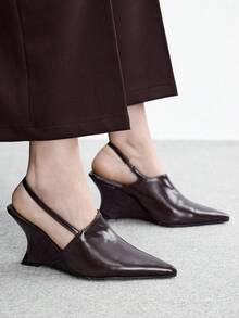 CUCCOO BIZCHIC 極簡棕色尖頭楔跟鞋，空心封趾優雅女鞋，百搭通勤女鞋 - 咖啡棕 - 查看 1