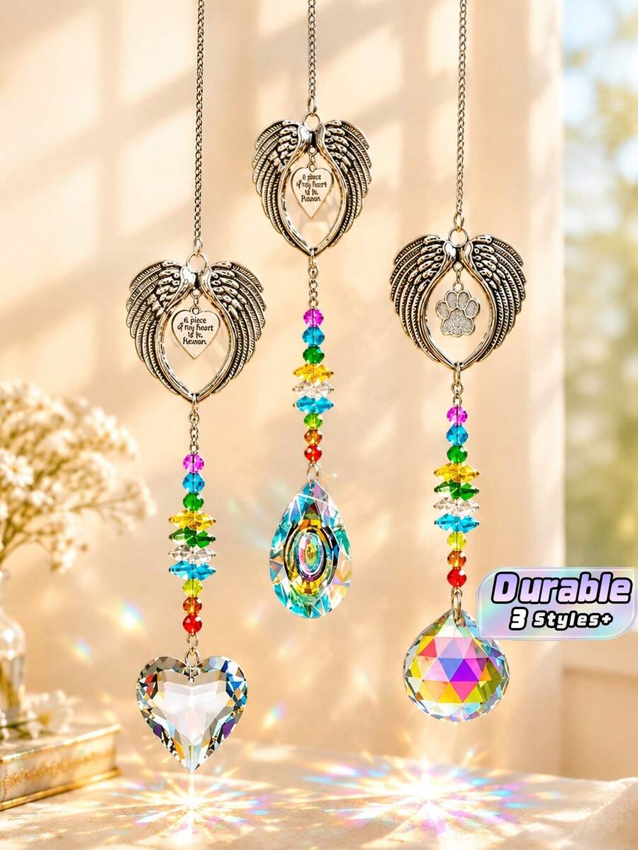 Angel Wing Crystal Heart Suncatcher With Color Octagonal Beads, Memorial Gift For Pets & Loved Ones - multicolor - View 1