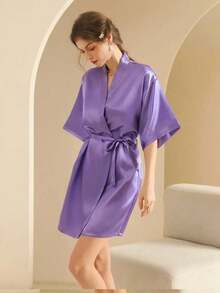 SHEIN 1 件女士纯色优雅系带短款缎面丝绸睡袍柔软睡衣新娘伴娘返校节秋冬睡衣家居服浴袍节日礼物情人节 - 紫色 - 查看 5