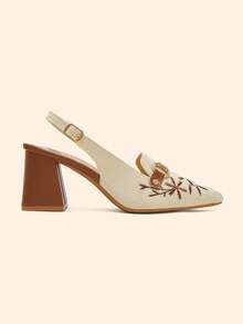 CUCCOO BASICS Women's Fashion High-Heeled Shoes, Fabric Embroidered Thread, Suitable For Summer Vacation, Back To School, College Life, Spring And Spring Break - Beige - View 3