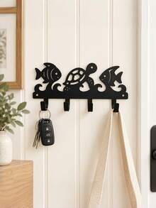 1PC Black Iron Wall Mounted Hook Rack Coastal Nautical Sea Turtle Fish Ocean Wave Pattern Decorative Towel Key Coat Hanger Organizer For Bathroom Entryway Door Back Home Storage Housewarming Gift Beach Style Wall Decor - View 4