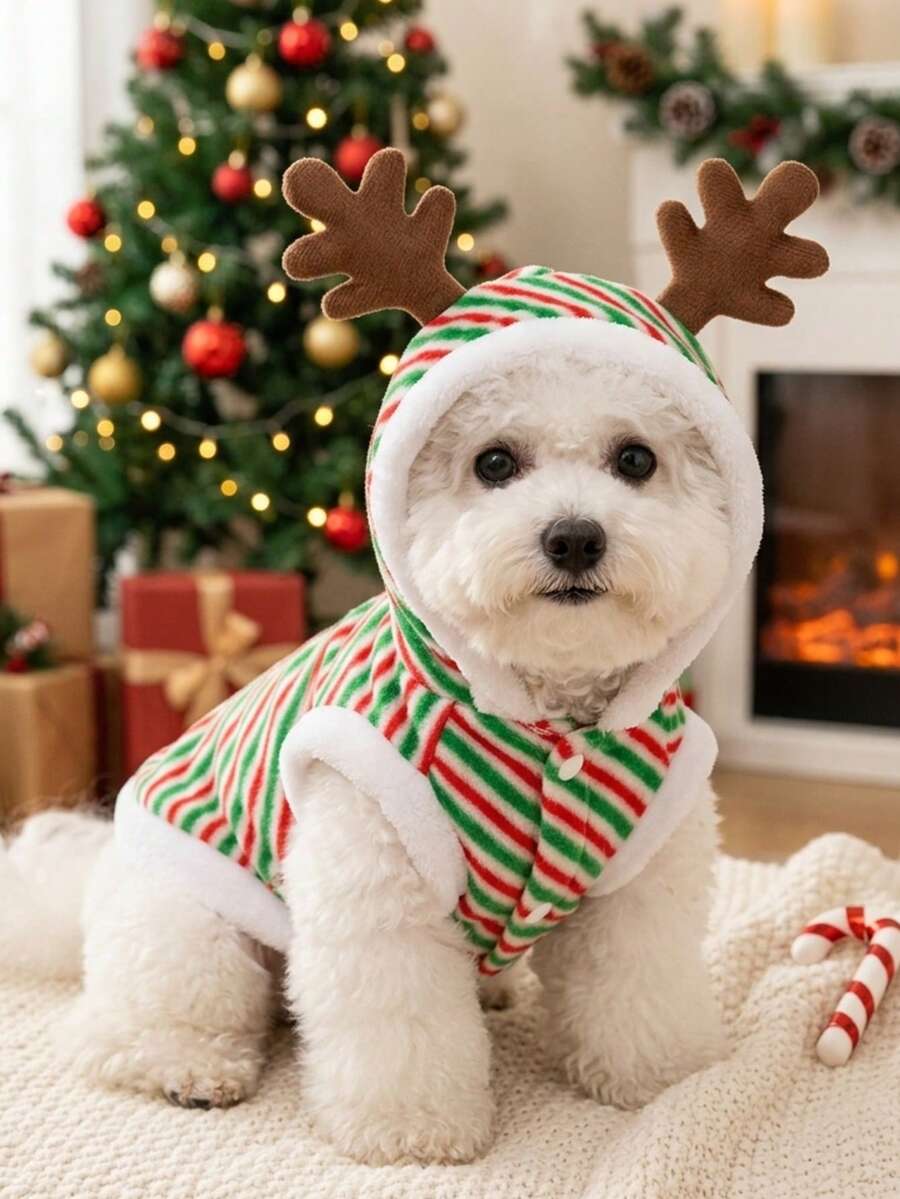 PETSIN Christmas Reindeer Cute Striped Warm Fleece Pet Jacket - Multicolor - View 1