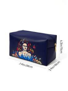 Frida Kahlo X SHEIN PU皮革化妝包，拉鍊收納袋，化妝品收納袋，多功能旅行盥洗包。適用於日常必需品、文具及各種小物品 - 藍色 - 查看 6