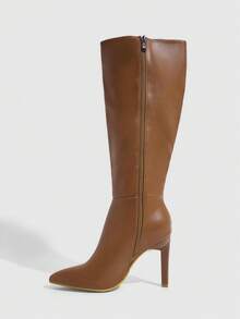 Daringsoles 女款粗跟高跟尖頭側拉鍊及膝長靴 性感通勤 PU 皮革秋冬女靴 - 棕色1 - 查看 4