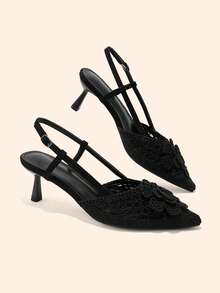 CUCCOO BASICS French Flower Hollow Woven Rear Hollow Sandals Women's Pointed Back Strap Stiletto Shoes Fall Shoes - Black - View 1
