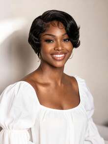 Pixie Cut Lace Wigs Human Hair Brown Short Finger Wave Pixie Wigs With Side Lace Part Glueless Short Wavy Wigs Wear & Go - 1B - View 2