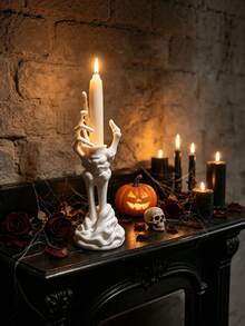 Gothic Skeleton Hand Taper Candlestick Holder, Halloween Themed Taper Candle Stand, Spooky Decorative Desktop Ornament For Table, Mantel, Home Party Decoration, Halloween Gift, Candle Excluded - one-size - View 5