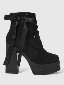 ROMWE Women's Fashion High-Heeled Short Boots, Gothic Dark Wind Rear Zipper Rivet Inlaid Bow Decorative Short Boots, Classic Sexy Nightclubs, Parties, Festi - Black - View 1