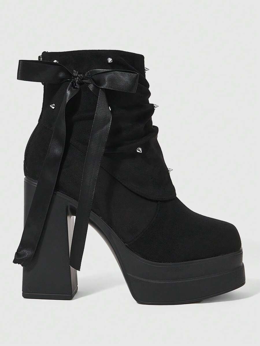 ROMWE Women's Fashion High-Heeled Short Boots, Gothic Dark Wind Rear Zipper Rivet Inlaid Bow Decorative Short Boots, Classic Sexy Nightclubs, Parties, Festi - Black - View 1