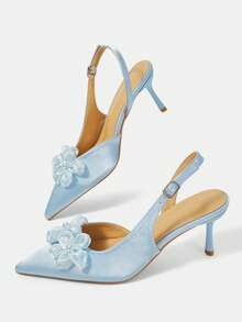 CUCCOO HITCHD Ladies Gentle Light Blue Satin Pointed Back Empty Shoes, Three-Dimensional Pleated Flower Pearl Decoration, Slingbacks - Light blue - View 6
