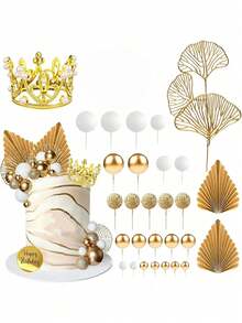 1set Lightweight Foam Paper Cake Decoration Kit Diy Reusable Crown Gold Paper Fan Round Sign Happy Birthday Cake Topper Solid Golden Tone Multi Style Baking Insert Picks For Birthday Party Dessert Table Home Party Baking Decor Accessories - gold - View 5