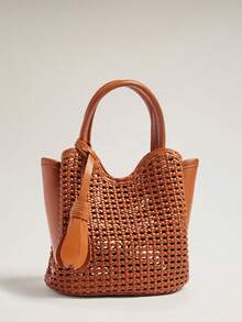 Wovira Ladies Handbag, Woven, Hollowed Out, Vacation Old Money Style, Simple Urban Fashion Vegetable Basket Bag, Suitable For Daily Commuting, Shopping, - Brown - View 2