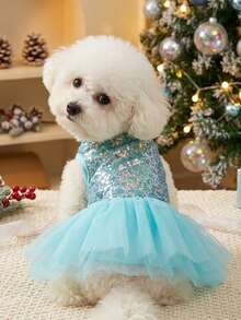 PETSIN Christmas Party Sparkly Sequin & Blue Mesh Pet Skirt - Multicolor - View 1